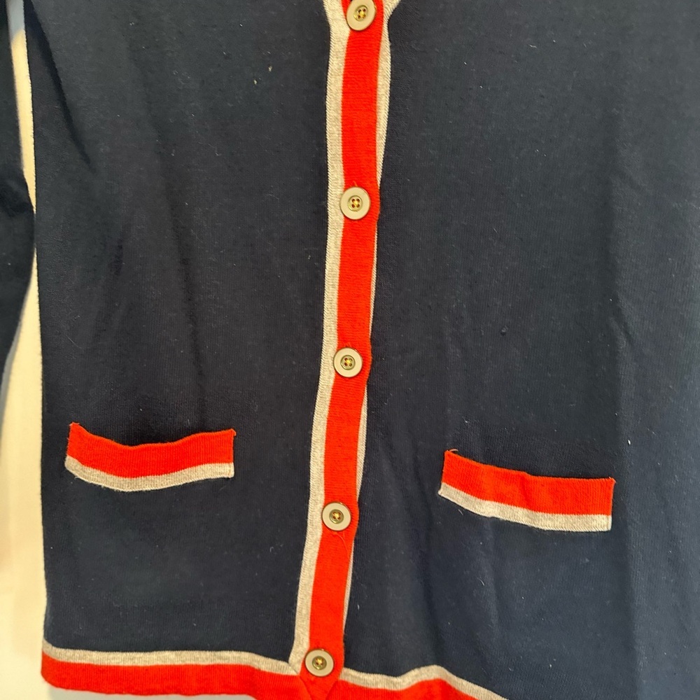 Banana Republic Sz:M Tunic Vneck Cardigan Button sweater navy/Orange/ Gray Trim. - Picture 8 of 9